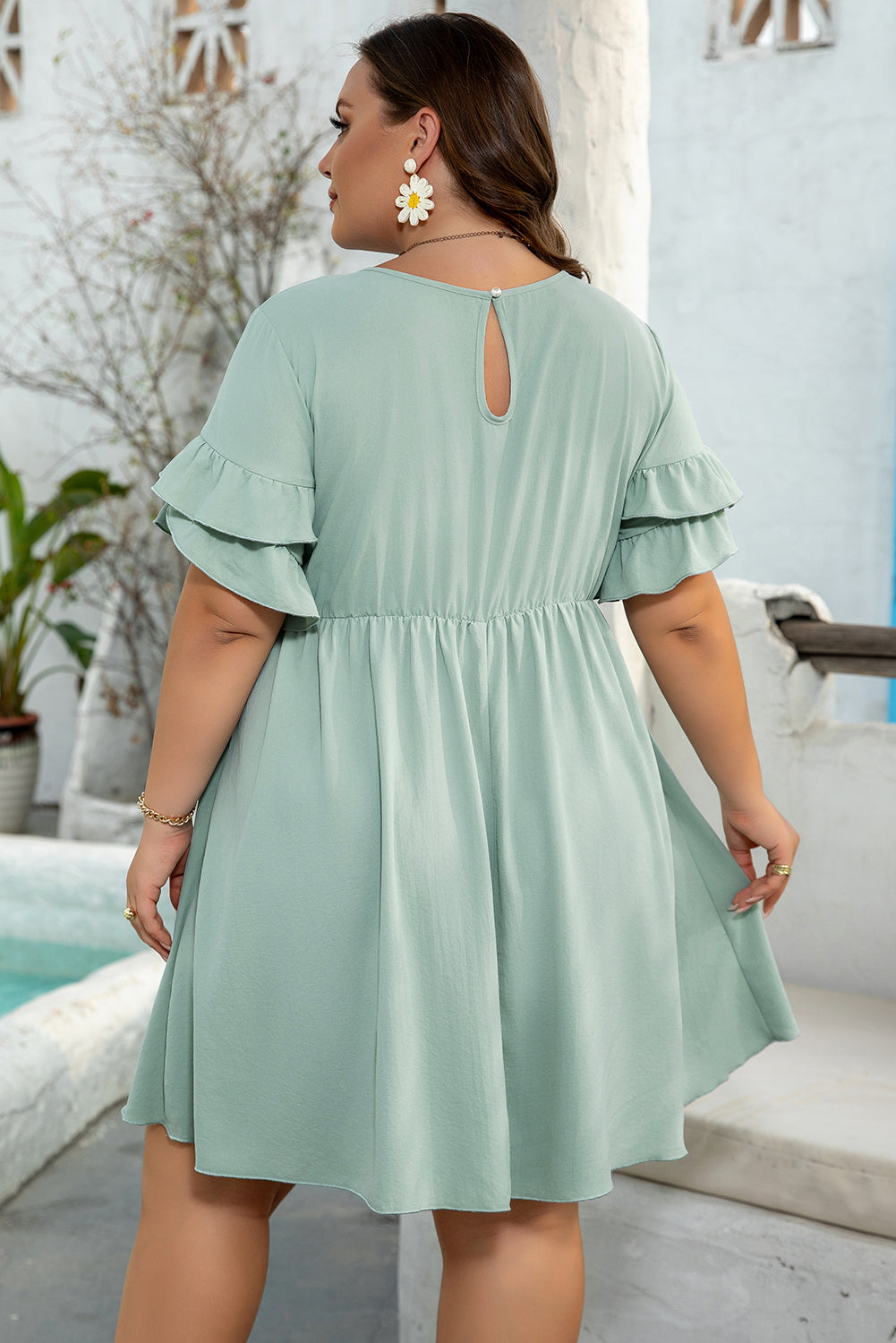 Grass Green Ruffle Trim Plus Size Flared Mini Dress Dear-Lover Dropshipping